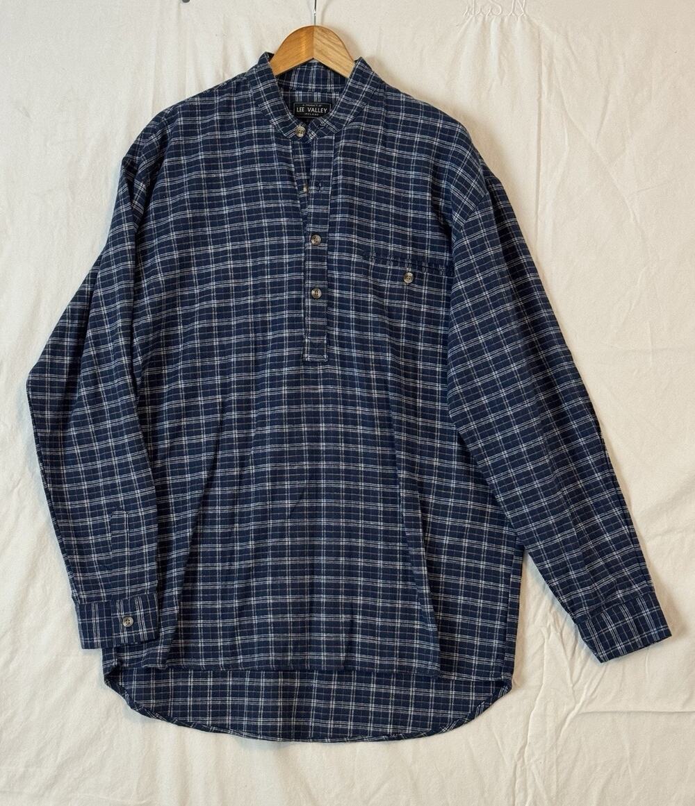 Lee Valley Ireland Mens Grandfather Shirt Collarless Flannel Size L Blue Plaid